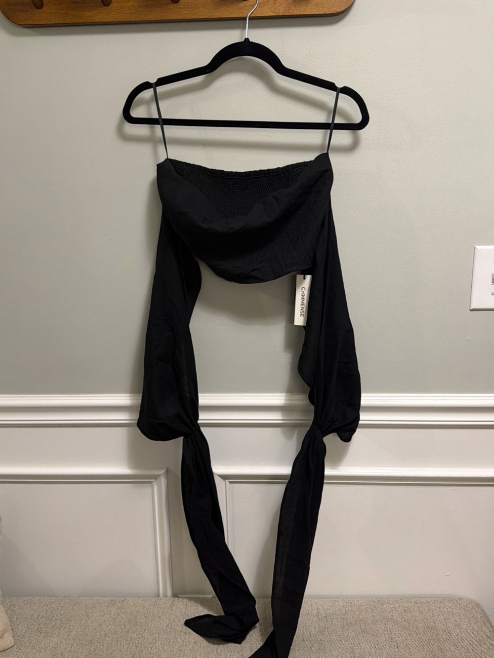 Commense Women's Black Off-Shoulder Wrap Top with Long Sashes to tie on neck